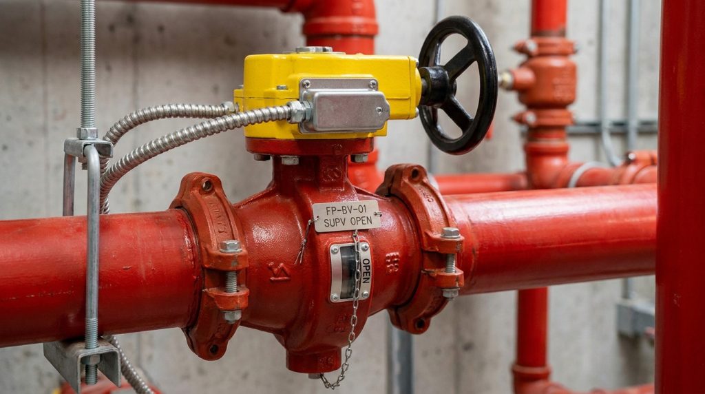 close-up of a supervised butterfly valve showing the open indicator, gear operator, switch housing, and connected fire protection piping