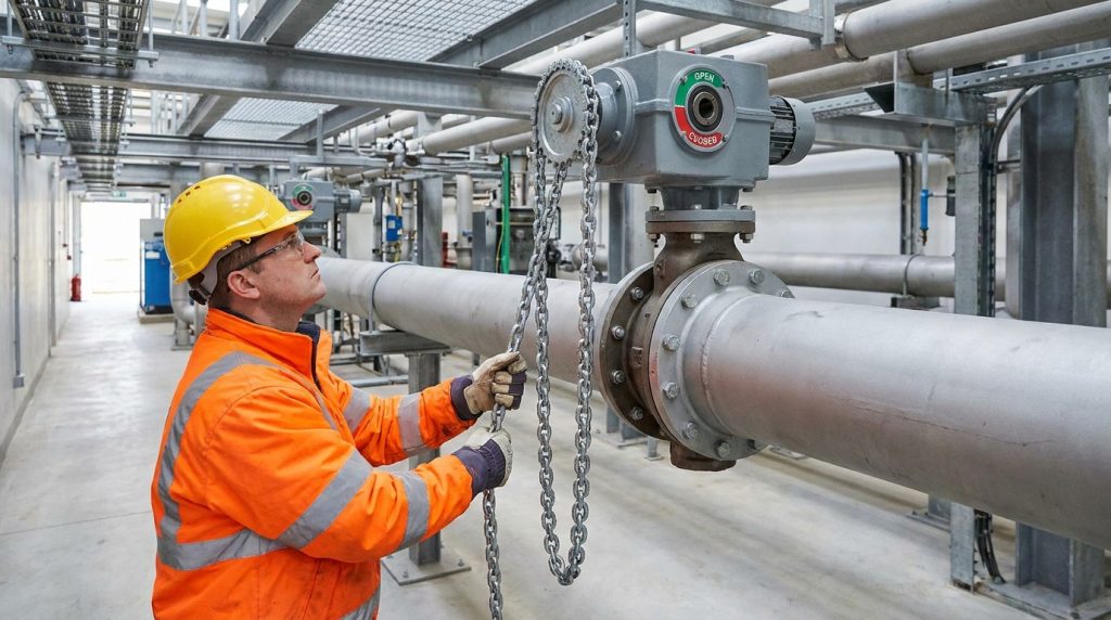 Worker safely operating a looped chain below an overhead butterfly valve on an industrial pipe rack.