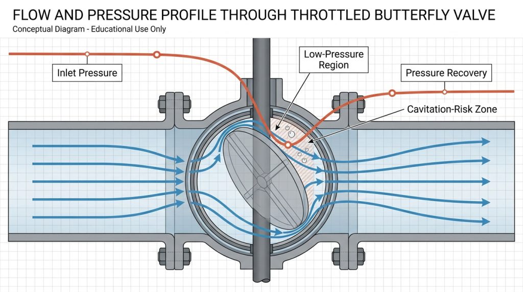 Liquid flow through a throttled butterfly valve showing low-pressure zone near the disc and downstream recovery area.
