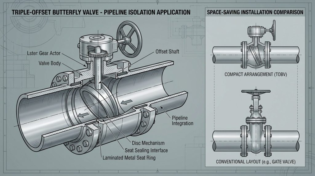 Triple-offset butterfly valve components and pipeline isolation application showing the valve body, disc mechanism, and compact installation advantages in an industrial setting.