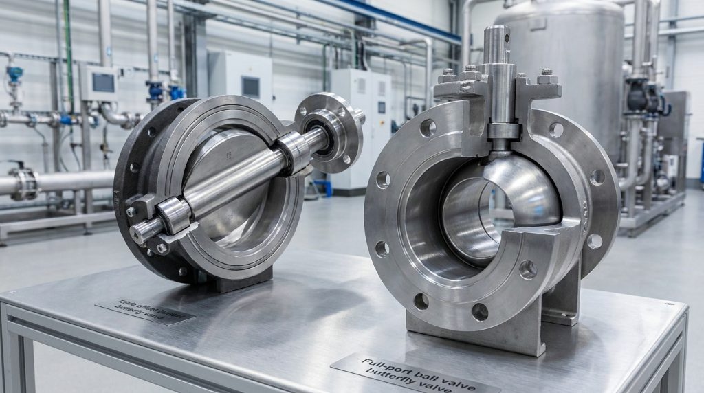 Triple offset butterfly valve and full-port valve designs optimized for lower flow resistance in industrial applications