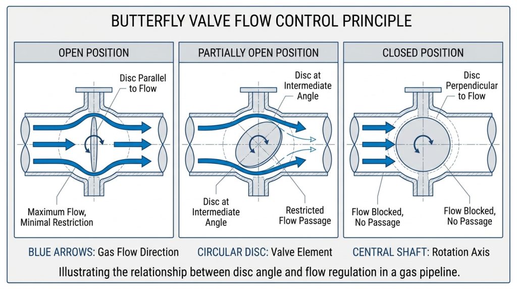 Technical view of a butterfly valve disc rotating inside a pipe to show open, partially open, and closed positions with gas flow paths and valve operating relationships.