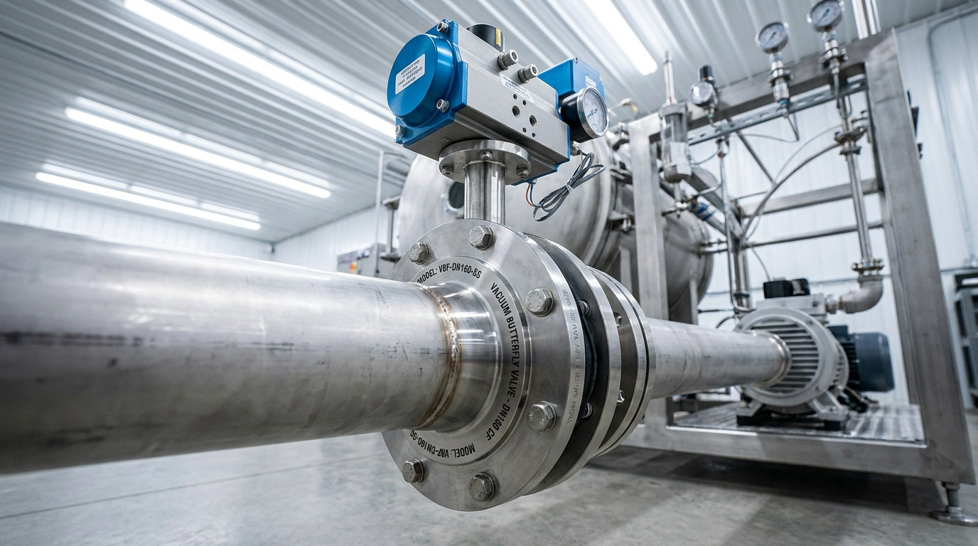 Vacuum butterfly valve installed in a clean industrial vacuum pumping system, showing the valve body, actuator, connected piping, and surrounding equipment environment for vacuum