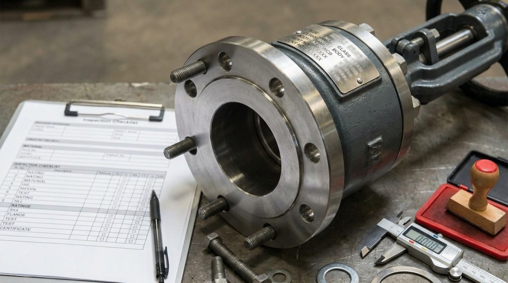 valve datasheet, flange standard markings, and metal valve nameplate being checked before procurement