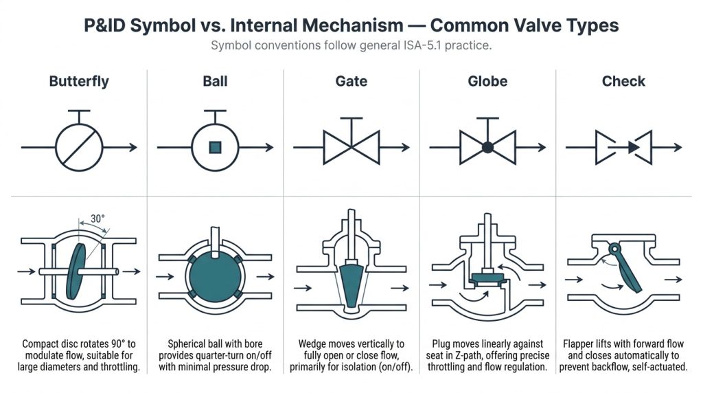 Side-by-side comparison of butterfly, ball, gate, globe, and check valve P&ID symbols with internal mechanism sketches