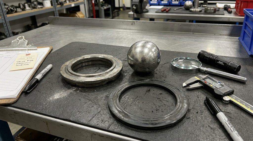 worn valve sealing surfaces caused by unsuitable throttling and abrasive service