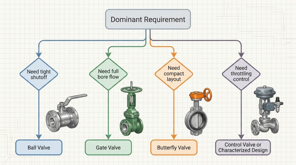 decision flowchart for selecting a valve based on tight shutoff, full bore flow, compact layout, and throttling needs