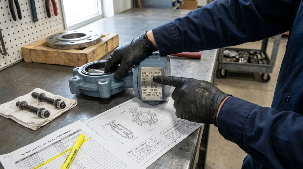 Technician verifying flange standard and pressure class markings on a 3 inch butterfly valve before selecting bolts