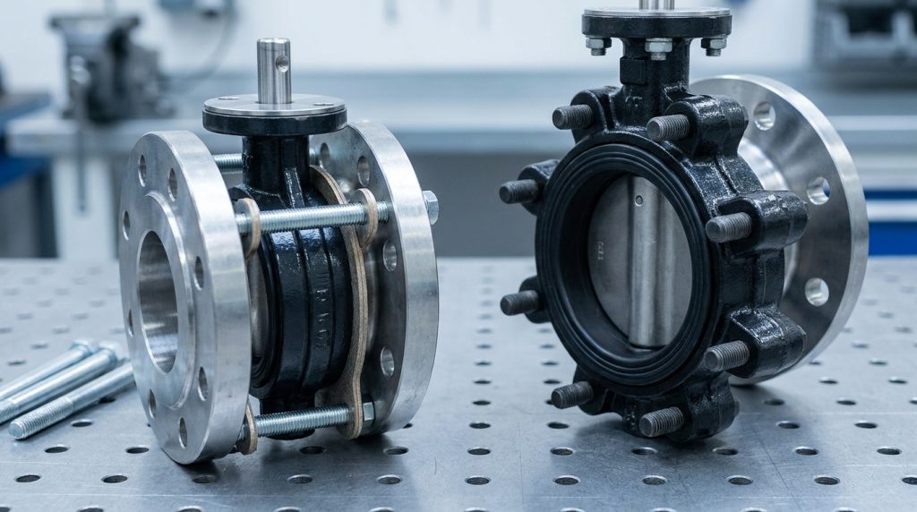 Two butterfly valve bodies shown side by side, with the wafer valve using long through-bolts and the lug valve showing separate threaded lugs around the body.