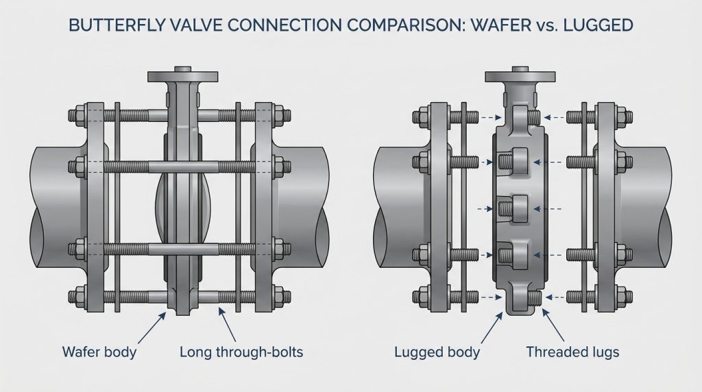 Side-by-side view of a wafer butterfly valve clamped by long through-bolts and a lugged butterfly valve fastened independently to each flange.