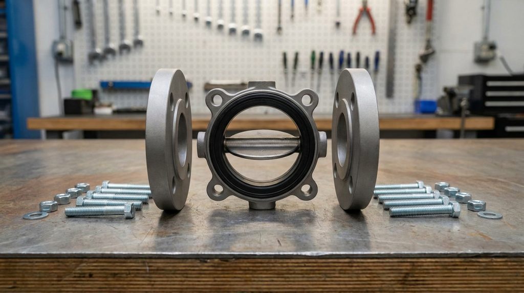 Wafer butterfly valve shown before installation between two aligned pipe flanges, with the thin valve body and bolt holes clearly visible.