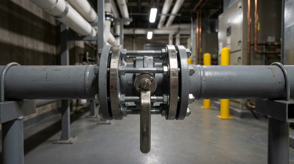 Wafer butterfly valve installed compactly between two pipe flanges in a utility water or HVAC piping line.
