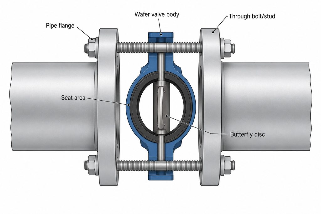 Wafer butterfly valve body centered between two mating flanges with bolts passing across the flange pair.