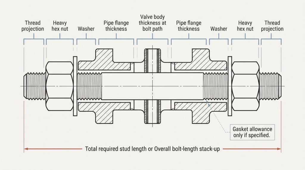 Bolt length stack-up diagram for a wafer butterfly valve between two Class 150 pipe flanges