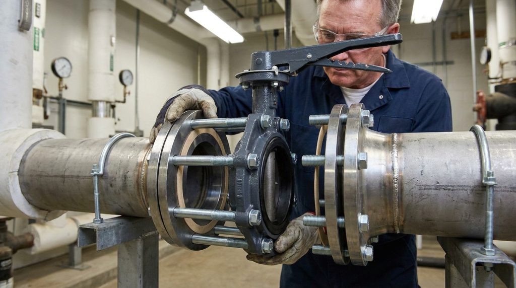 Technician aligning a wafer style butterfly valve between two pipe flanges before tightening the through-bolts.