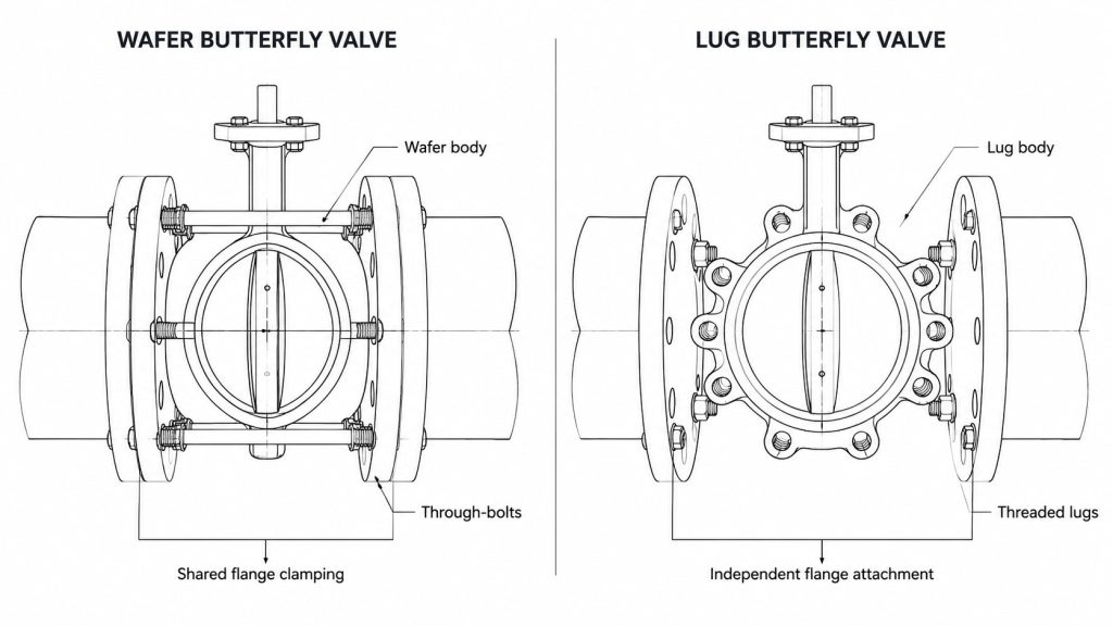 Butterfly valve connection design comparison showing a wafer body clamped between two flanges and a lug body attached with separate bolts on each flange side.