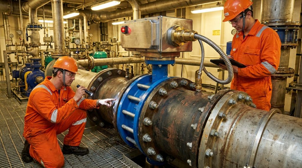 Proper installation of a wafer-style electric butterfly valve between aligned marine pipeline flanges with sealed cable entry.
