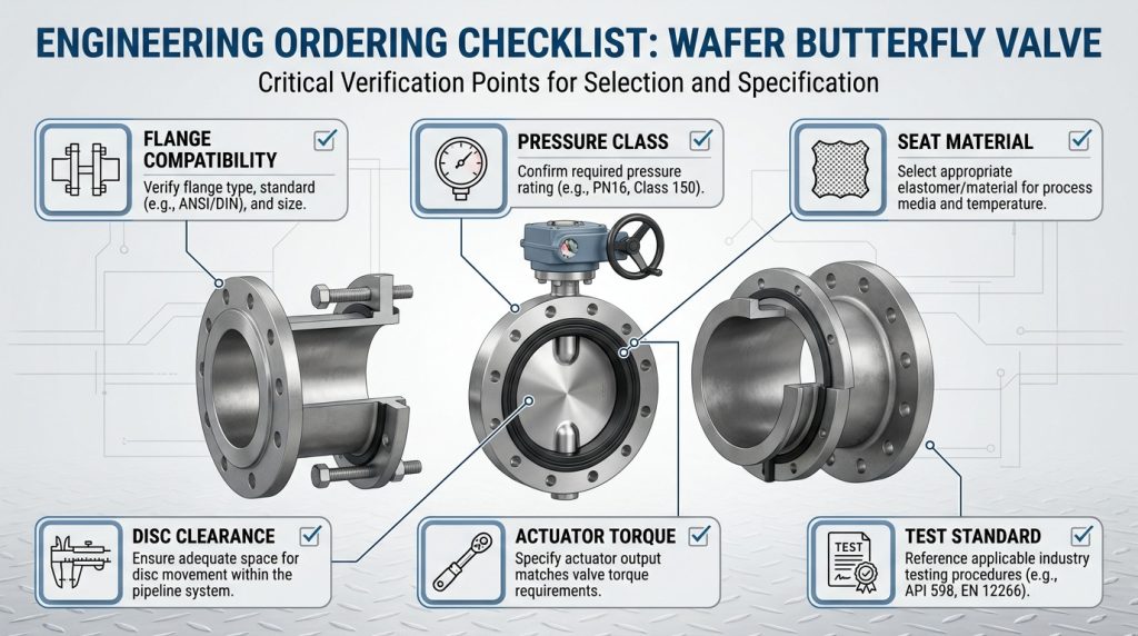 Engineering checklist for ordering a wafer butterfly valve with flange match, pressure class, seat material, disc clearance, actuator, and test standard.