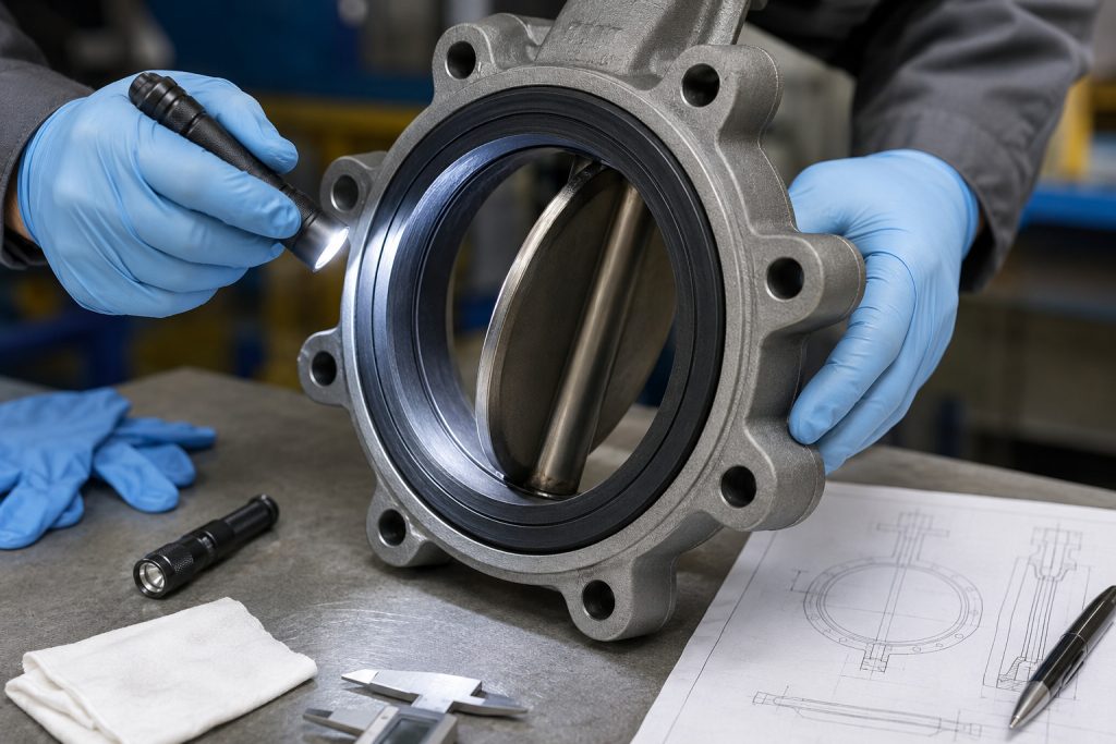 Close-up of a wafer butterfly valve seat, disc edge, and flange faces being inspected before installation.