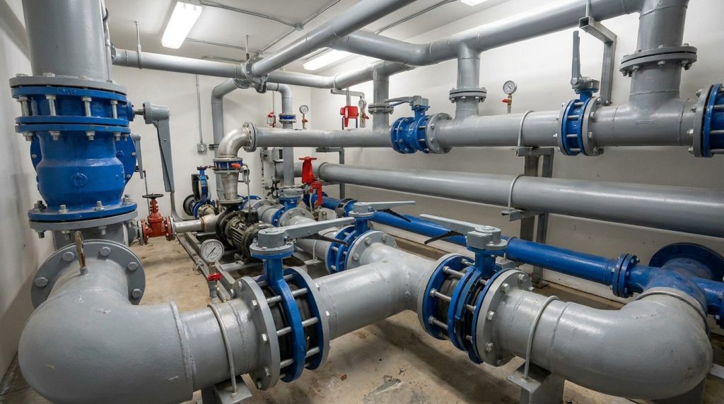 Wafer butterfly valves installed on compact utility piping in a pump room or treatment skid.