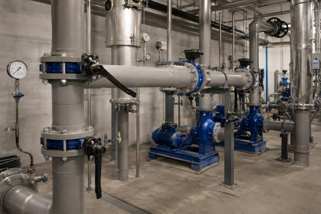 Wafer butterfly valves installed on water treatment or HVAC utility piping with clear access for planned maintenance.