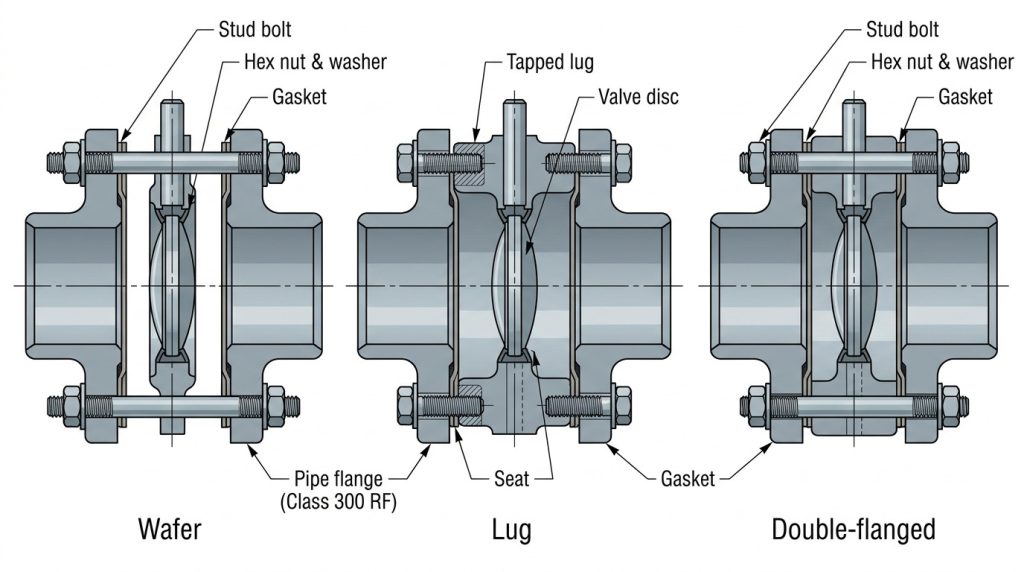 Comparison of wafer, lug and double-flanged butterfly valve bodies installed between ASME Class 300 pipe flanges