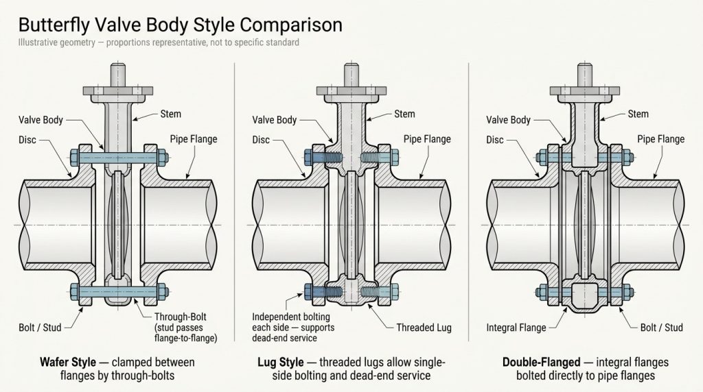 Wafer lug and double flanged butterfly valve body styles compared for pipeline installation