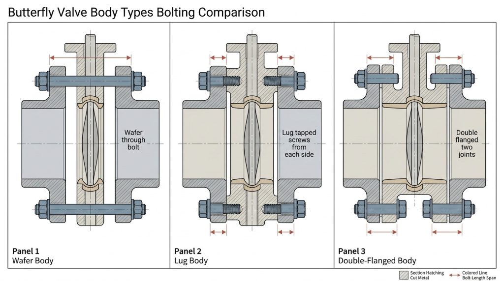 Side-by-side comparison of wafer, lug, and double-flanged butterfly valve bodies showing how bolt length differs