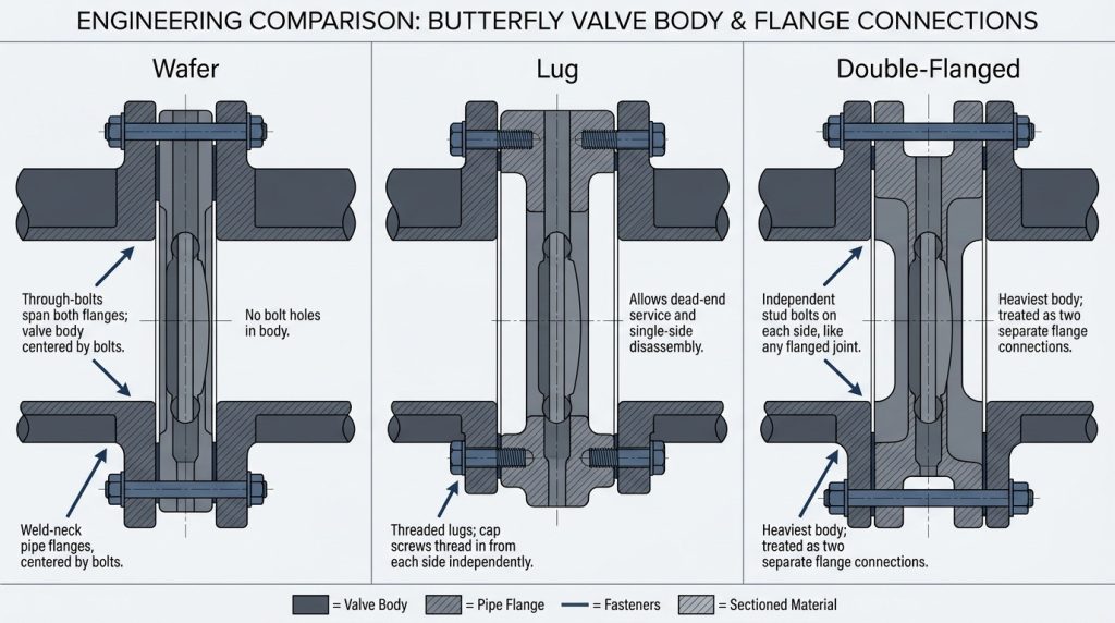 Comparison of wafer, lug, and double-flanged 8 inch butterfly valve bodies showing different bolting methods