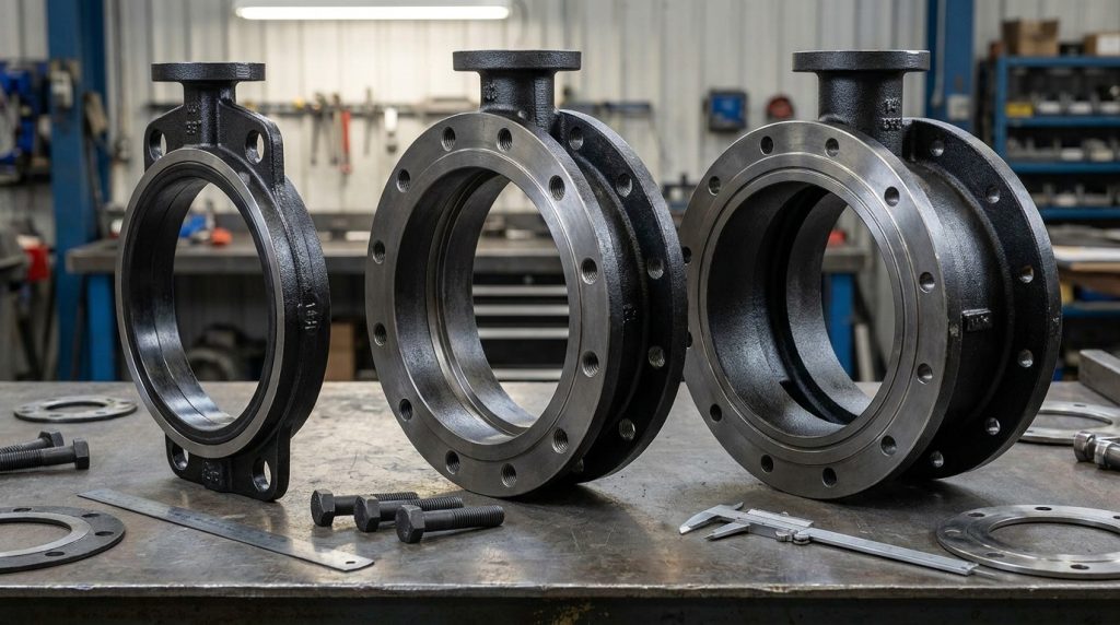 Wafer, lug, and flanged butterfly valve bodies displayed on an industrial workbench for body style comparison
