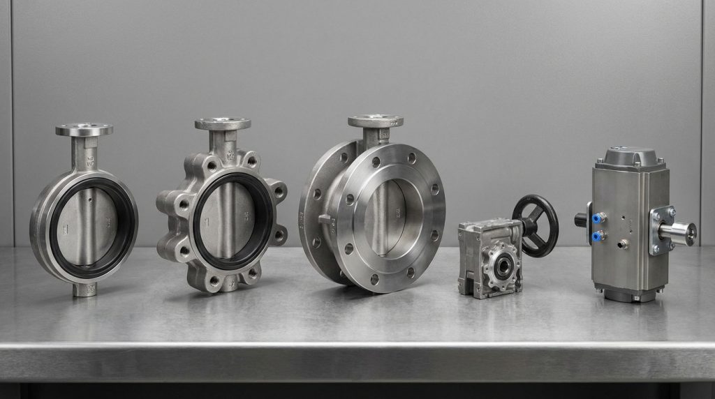 Wafer, lug, and flanged butterfly valve bodies shown side by side with manual gearbox and actuator options nearby.