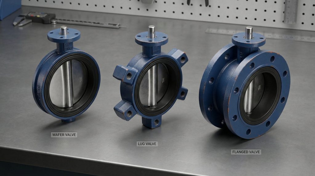 Three real butterfly valve body styles displayed side by side, including wafer, lug, and double-flanged designs.