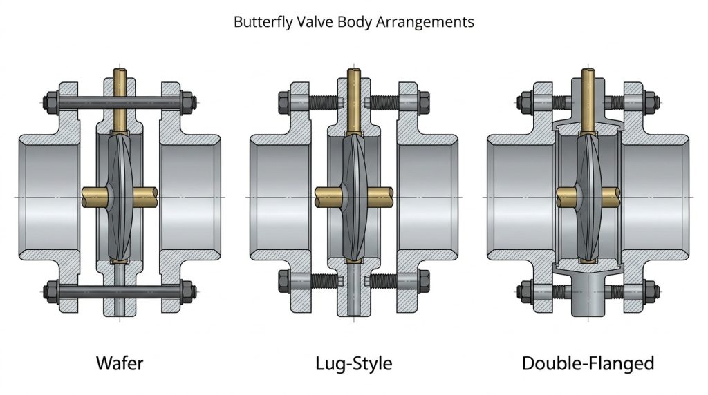 Cutaway-style illustration comparing wafer, lug, and flanged butterfly valve body arrangements