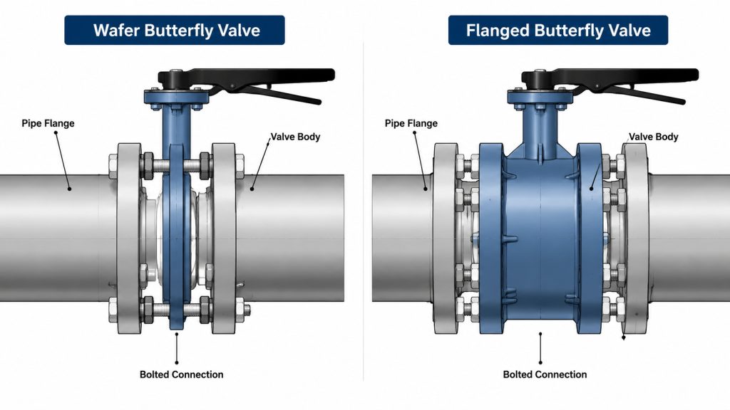 butterfly valve wafer and flanged body connection designs shown with pipe flange interfaces, bolts, and structural differences for installation comparison