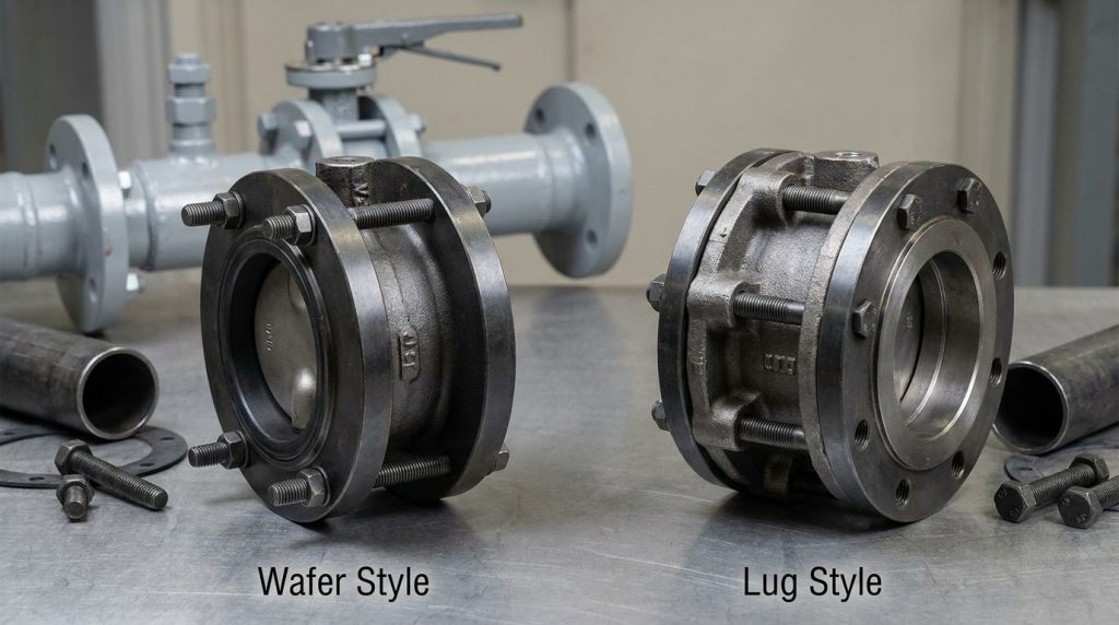 Comparison of wafer and lug butterfly valve body designs showing a compact wafer valve and a threaded lug valve beside industrial piping components