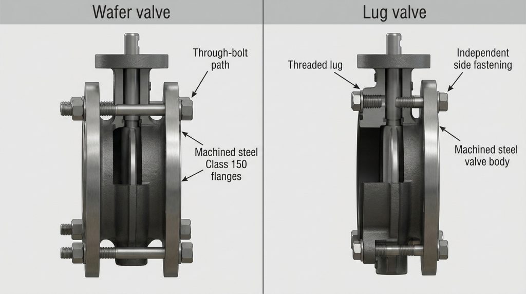 Side-by-side technical comparison of long through-bolts on a wafer butterfly valve and shorter fasteners engaging the threaded lugs of a lug butterfly valve