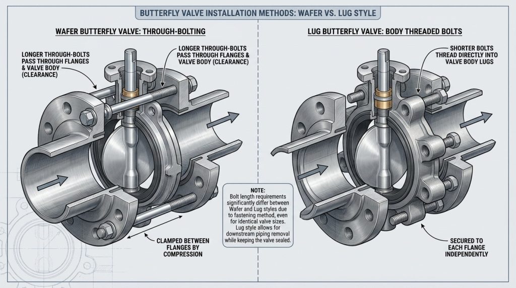 Diagram comparing wafer and lug butterfly valve bolt installation methods with different bolt lengths and connection structures