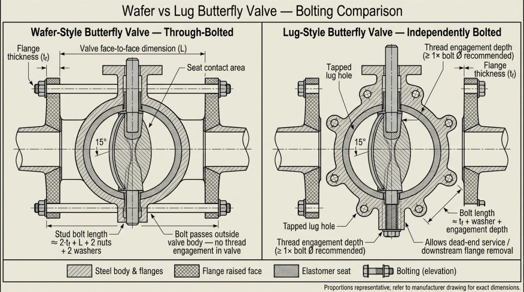 Cross-section comparison of a wafer butterfly valve and a lug butterfly valve showing different bolt length requirements