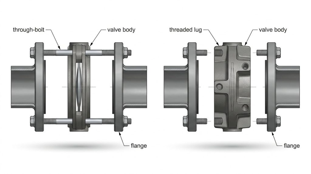 Simplified bolting diagram comparing through-bolts on a wafer butterfly valve with separate short bolts threaded into a lug style valve body.