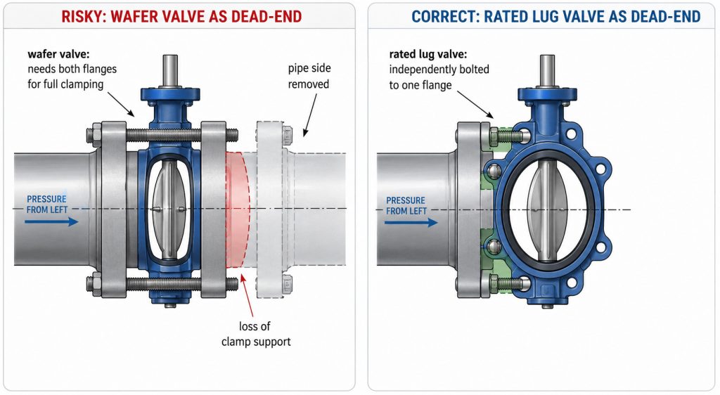Maintenance risk diagram showing why a wafer valve should not be treated as a one-side pressurized dead-end valve.