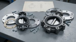 Photorealistic wafer vs lug style butterfly valve comparison on an industrial piping workbench, with one slim wafer valve and one lugged butterfly valve positioned beside matching pipe flanges.