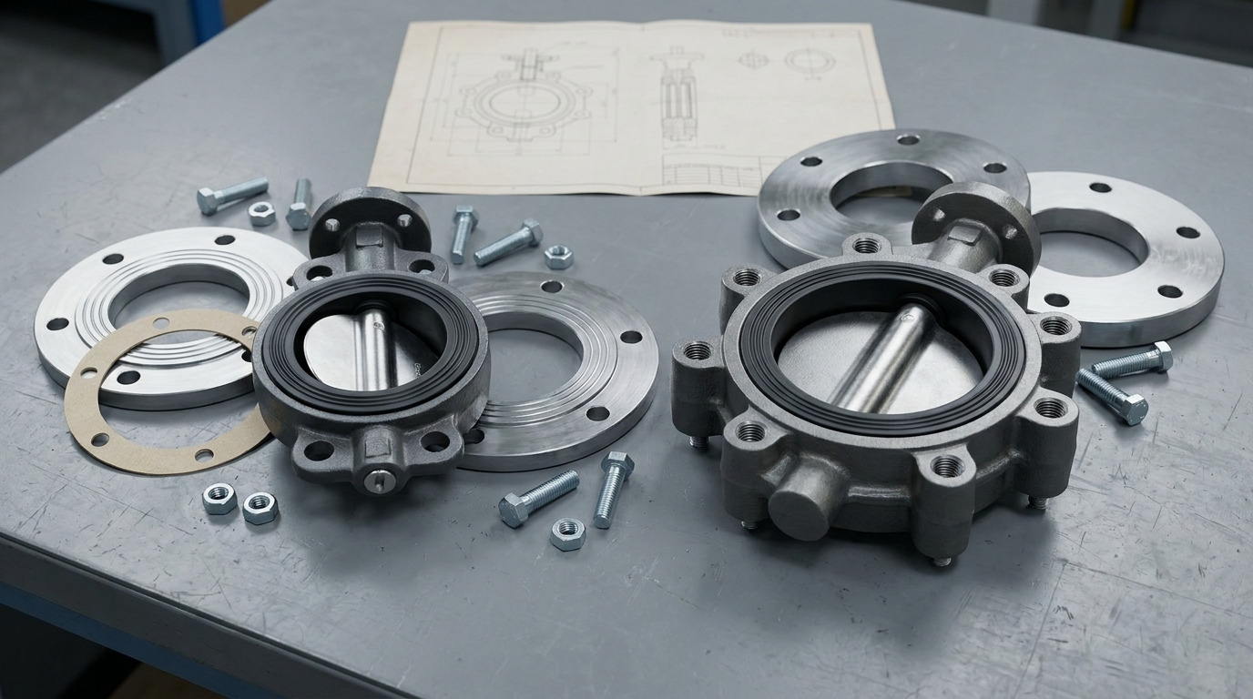 Photorealistic wafer vs lug style butterfly valve comparison on an industrial piping workbench, with one slim wafer valve and one lugged butterfly valve positioned beside matching pipe flanges.