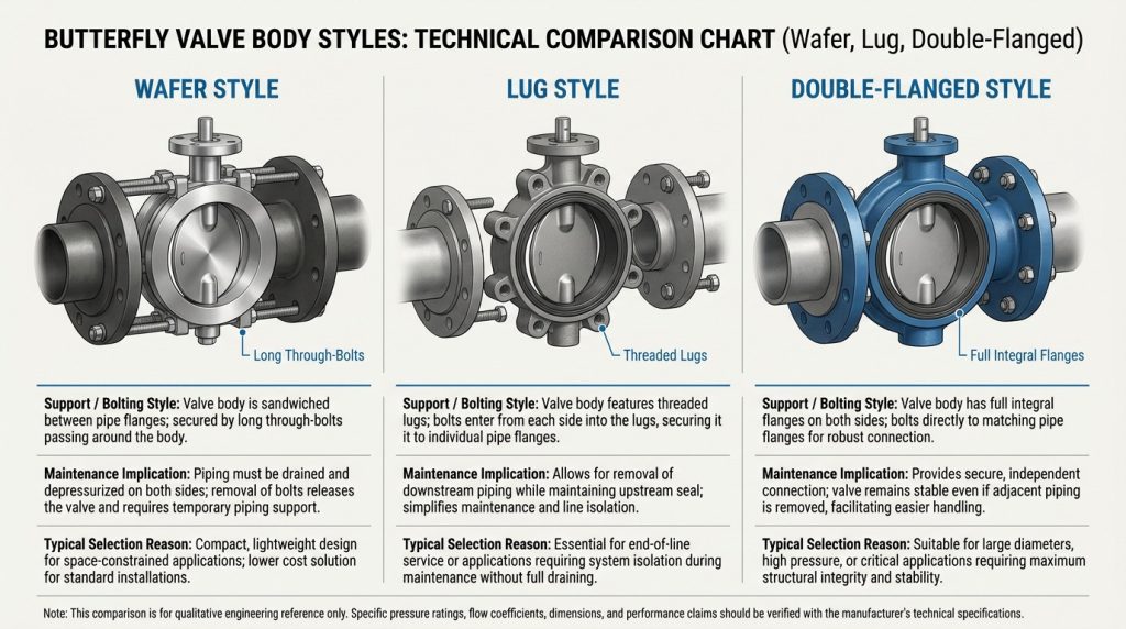 Comparison chart showing wafer, lug, and double-flanged butterfly valve body styles side by side.