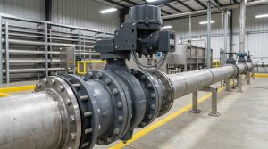 What is butterfly valve overview showing a real industrial butterfly valve installed in a large pipeline system for fluid control and isolation
