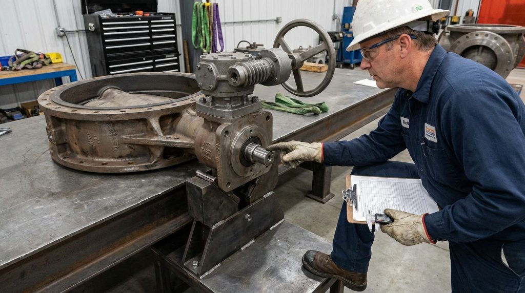 Technician checking a worm gear operator and handwheel on a large butterfly valve before installation