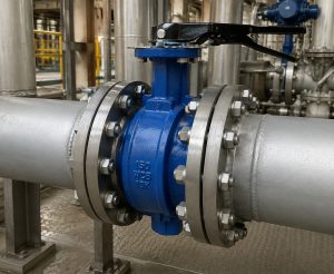 150 butterfly valve bolt chart for Class 150 flange bolting verification shown with an industrial butterfly valve installed in a piping system environment, highlighting the valve body, flanges, and fastener arrangement.