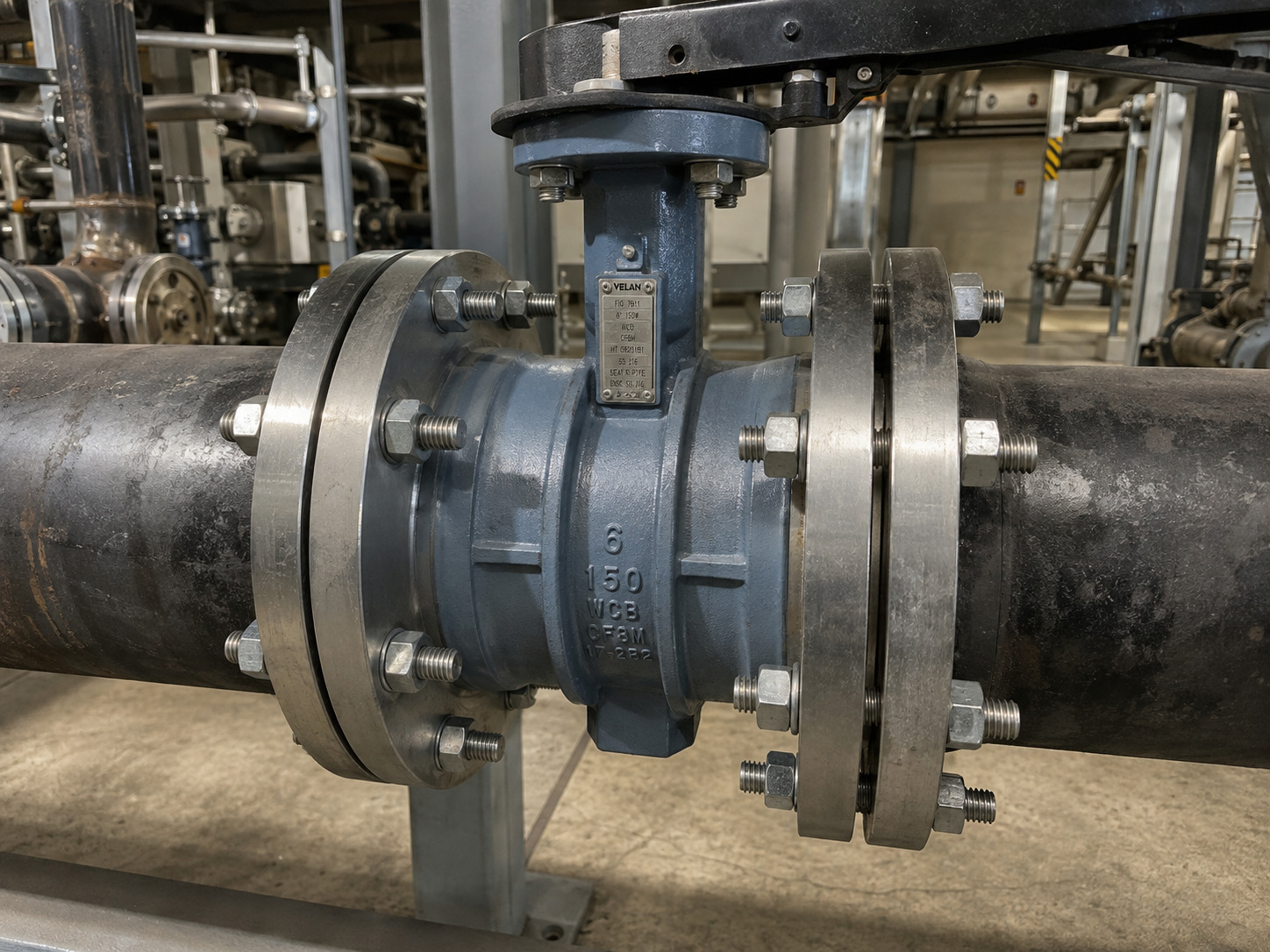 150# butterfly valve bolt chart application showing an industrial butterfly valve installed between flanges in a piping system environment