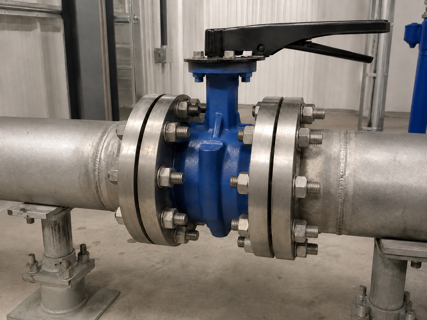 4 butterfly valve bolt size selection shown on a butterfly valve installed between flanges in an industrial piping environment with fasteners, valve body, and connection points clearly visible