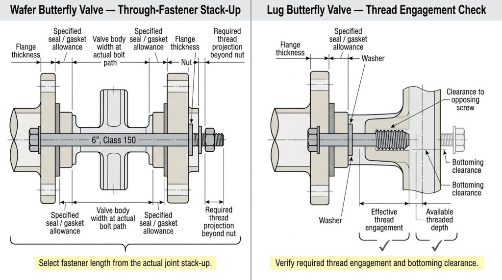 Side-by-side bolt-length layouts for a 6-inch Class 150 wafer butterfly valve and lug butterfly valve, showing the wafer through-fastener stack and the lug screw engagement and bottoming-clearance checks.