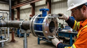 Engineer checking 6 butterfly valve bolt size on an NPS 6 Class 150 butterfly valve installed between matching pipe flanges, with the valve body, flange faces, bolt positions, fasteners, and joint fit-up clearly visible.